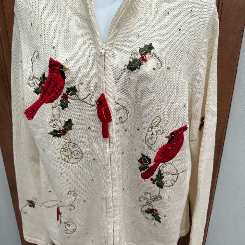 Elegant Cream Sweater with Red Cardinal Embroidery Holiday Sweater